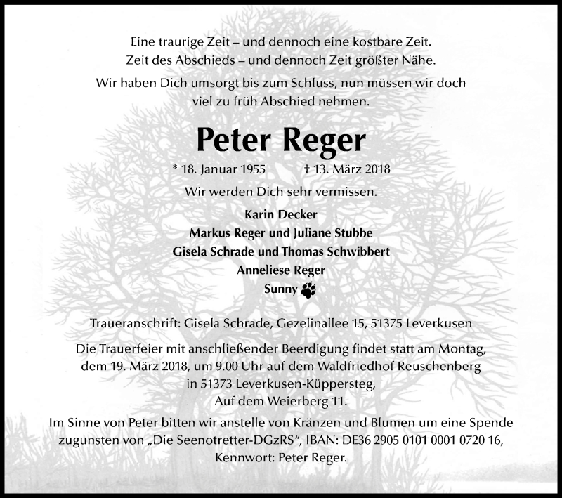  Traueranzeige für Peter Reger vom 17.03.2018 aus Kölner Stadt-Anzeiger / Kölnische Rundschau / Express