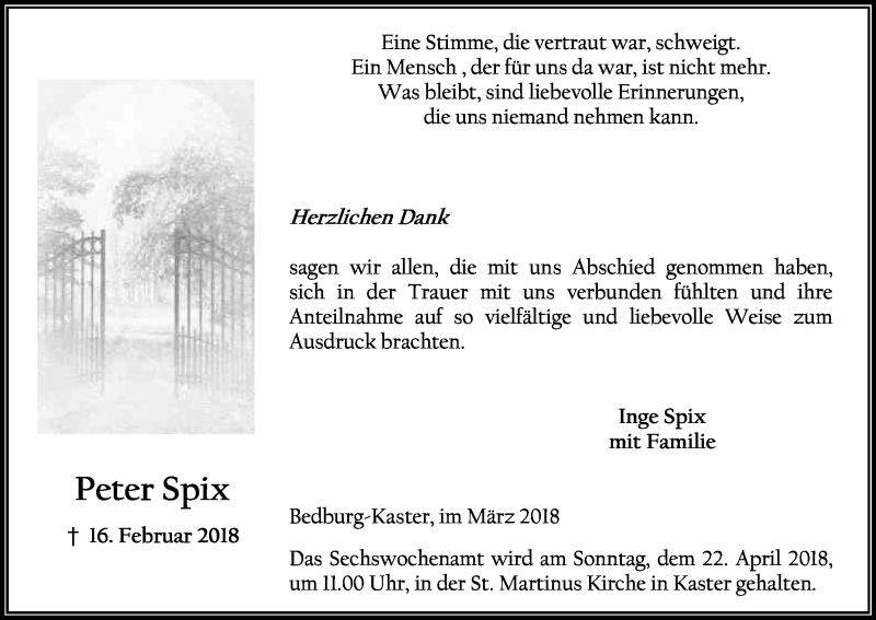  Traueranzeige für Peter Spix vom 24.03.2018 aus Kölner Stadt-Anzeiger / Kölnische Rundschau / Express