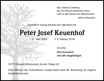 Anzeige von Peter Josef Keuenhof von Kölner Stadt-Anzeiger / Kölnische Rundschau / Express