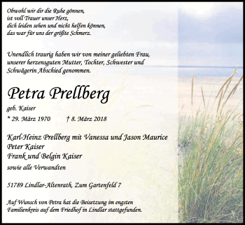 Anzeige von Petra Prellberg von Kölner Stadt-Anzeiger / Kölnische Rundschau / Express