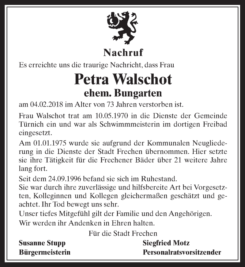  Traueranzeige für Petra Walschot vom 07.03.2018 aus  Wochenende 