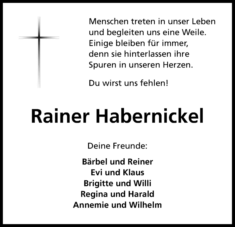  Traueranzeige für Rainer Habernickel vom 24.03.2018 aus Kölner Stadt-Anzeiger / Kölnische Rundschau / Express