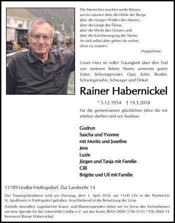 Anzeige von Rainer Habernickel von Kölner Stadt-Anzeiger / Kölnische Rundschau / Express