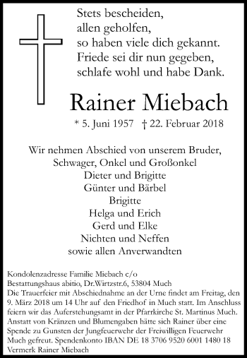 Anzeige von Rainer Miebach von Kölner Stadt-Anzeiger / Kölnische Rundschau / Express