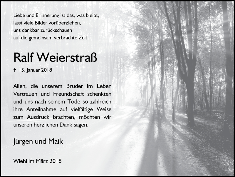  Traueranzeige für Ralf Weierstraß vom 07.03.2018 aus  Anzeigen Echo 