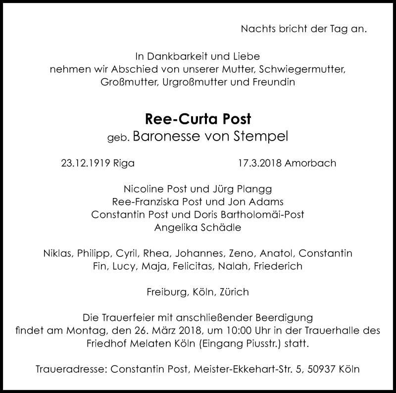  Traueranzeige für Ree-Curta Post vom 23.03.2018 aus Kölner Stadt-Anzeiger / Kölnische Rundschau / Express