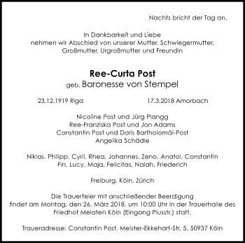 Anzeige von Ree-Curta Post von Kölner Stadt-Anzeiger / Kölnische Rundschau / Express