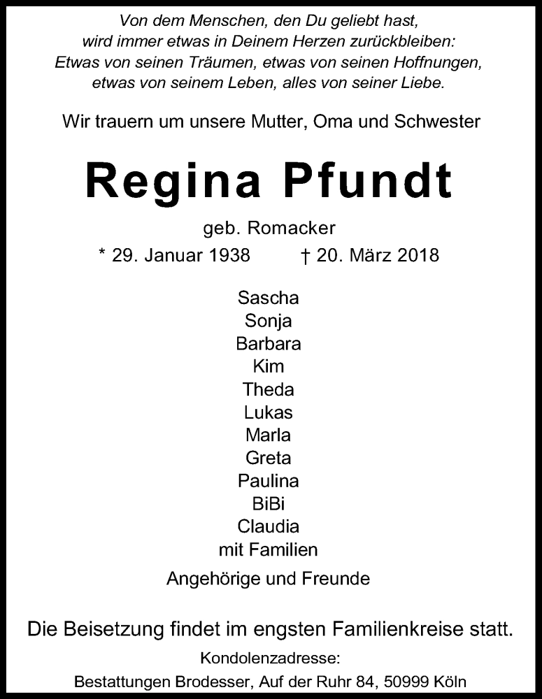  Traueranzeige für Regina Pfundt vom 31.03.2018 aus Kölner Stadt-Anzeiger / Kölnische Rundschau / Express