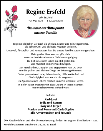 Anzeige von Regine Ersfeld von Kölner Stadt-Anzeiger / Kölnische Rundschau / Express
