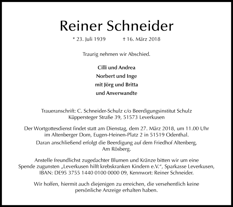  Traueranzeige für Reiner Schneider vom 21.03.2018 aus Kölner Stadt-Anzeiger / Kölnische Rundschau / Express