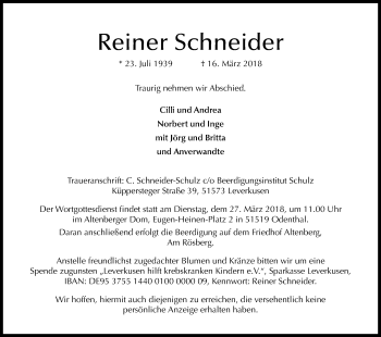 Anzeige von Reiner Schneider von Kölner Stadt-Anzeiger / Kölnische Rundschau / Express