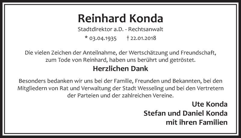  Traueranzeige für Reinhard Konda vom 07.03.2018 aus  Schlossbote/Werbekurier 