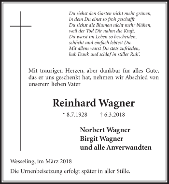 Anzeige von Reinhard Wagner von  Schlossbote/Werbekurier 