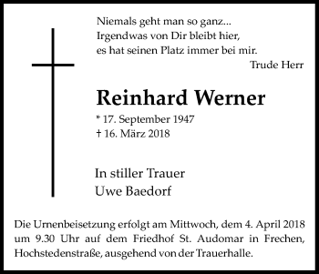 Anzeige von Reinhard Werner von Kölner Stadt-Anzeiger / Kölnische Rundschau / Express