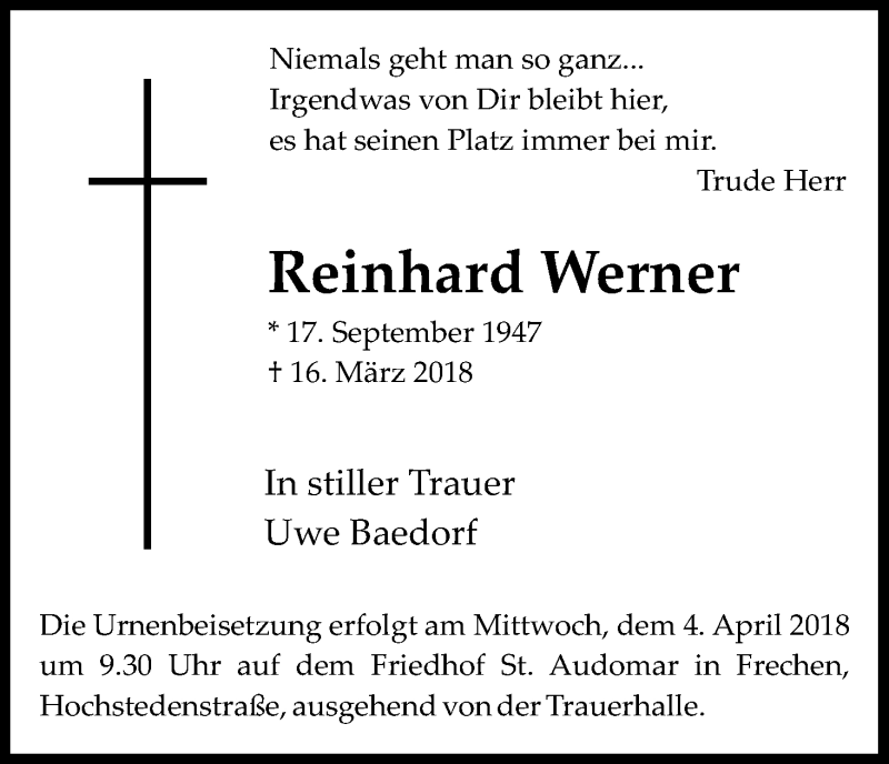  Traueranzeige für Reinhard Werner vom 31.03.2018 aus Kölner Stadt-Anzeiger / Kölnische Rundschau / Express