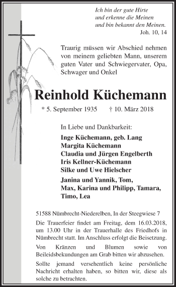 Anzeige von Reinhold Küchemann von  Anzeigen Echo  Lokalanzeiger 