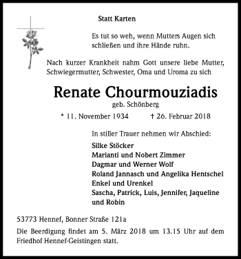 Anzeige von Renate Chourmouziadis von Kölner Stadt-Anzeiger / Kölnische Rundschau / Express