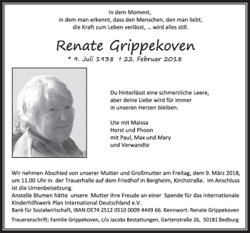 Anzeige von Renate Grippekoven von  Sonntags-Post 