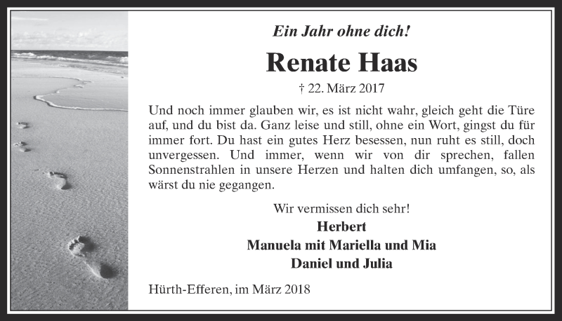  Traueranzeige für Renate Haas vom 21.03.2018 aus  Wochenende 