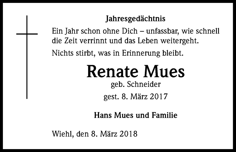  Traueranzeige für Renate Mues vom 08.03.2018 aus Kölner Stadt-Anzeiger / Kölnische Rundschau / Express