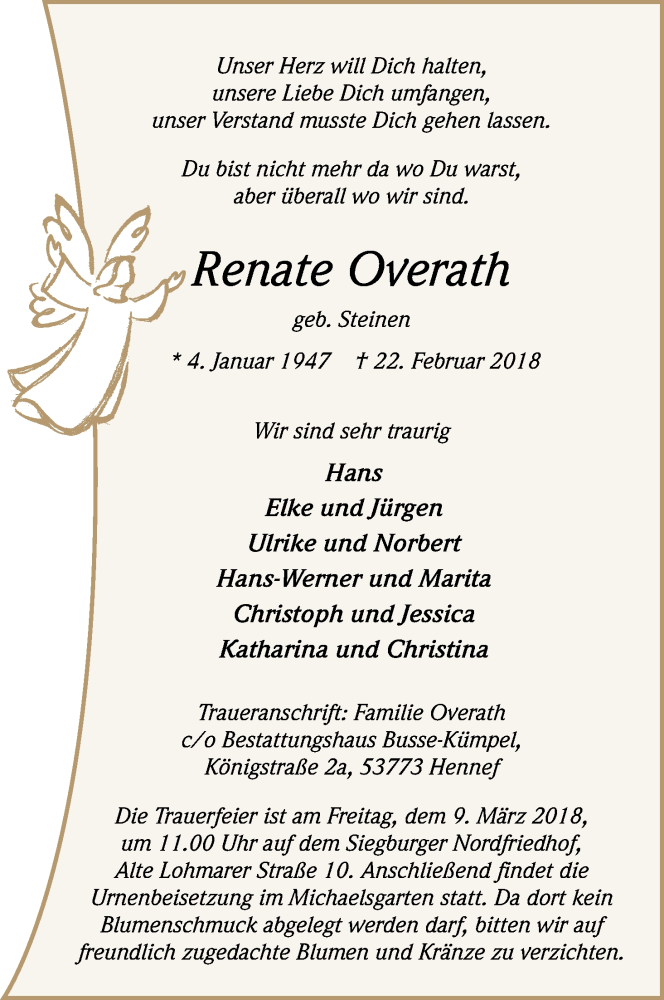  Traueranzeige für Renate Overath vom 05.03.2018 aus Kölner Stadt-Anzeiger / Kölnische Rundschau / Express