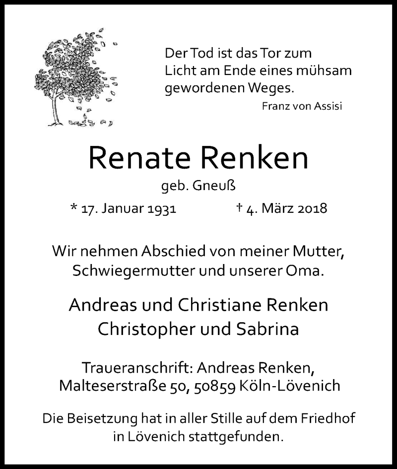  Traueranzeige für Renate Renken vom 17.03.2018 aus Kölner Stadt-Anzeiger / Kölnische Rundschau / Express