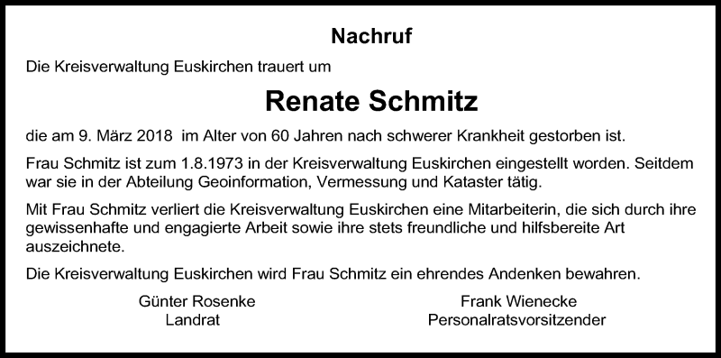  Traueranzeige für Renate Schmitz vom 21.03.2018 aus Kölner Stadt-Anzeiger / Kölnische Rundschau / Express