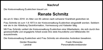 Anzeige von Renate Schmitz von Kölner Stadt-Anzeiger / Kölnische Rundschau / Express