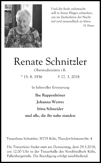 Anzeige von Renate Schnitzler von Kölner Stadt-Anzeiger / Kölnische Rundschau / Express