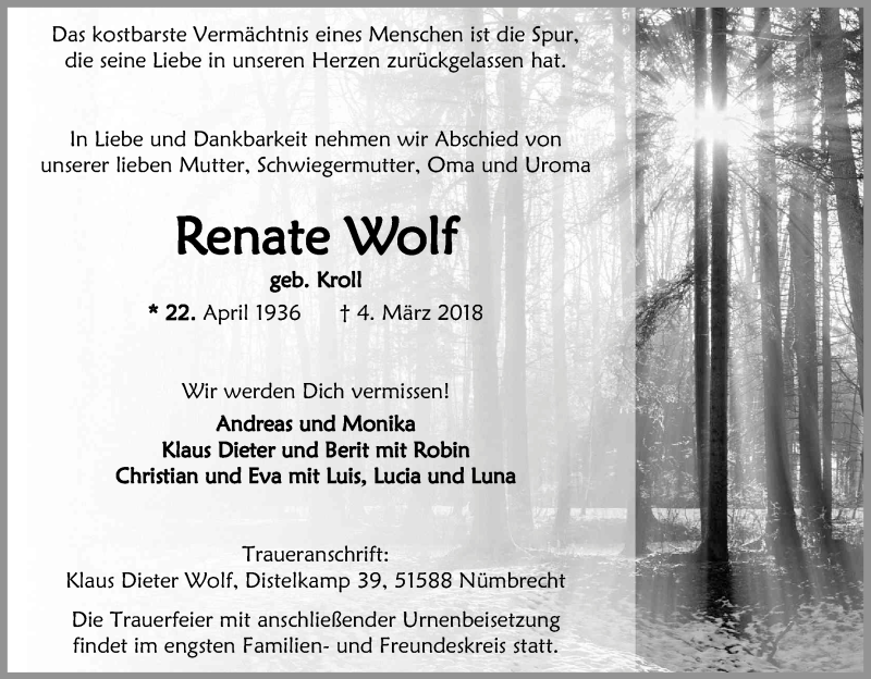  Traueranzeige für Renate Wolf vom 06.03.2018 aus Kölner Stadt-Anzeiger / Kölnische Rundschau / Express
