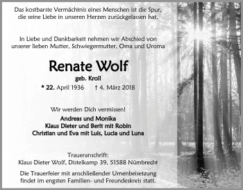 Anzeige von Renate Wolf von Kölner Stadt-Anzeiger / Kölnische Rundschau / Express