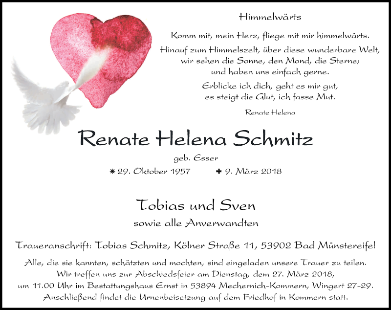  Traueranzeige für Renate Helena Schmitz vom 17.03.2018 aus Kölner Stadt-Anzeiger / Kölnische Rundschau / Express