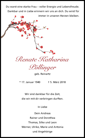 Anzeige von Renate Katharina Pöllinger von Kölner Stadt-Anzeiger / Kölnische Rundschau / Express