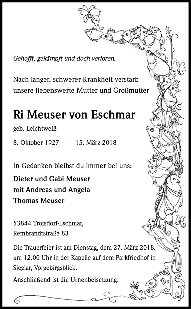  Traueranzeige für Ri Meuser von Eschmar vom 24.03.2018 aus Kölner Stadt-Anzeiger / Kölnische Rundschau / Express