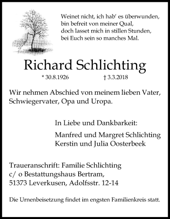 Anzeige von Richard Schlichting von Kölner Stadt-Anzeiger / Kölnische Rundschau / Express