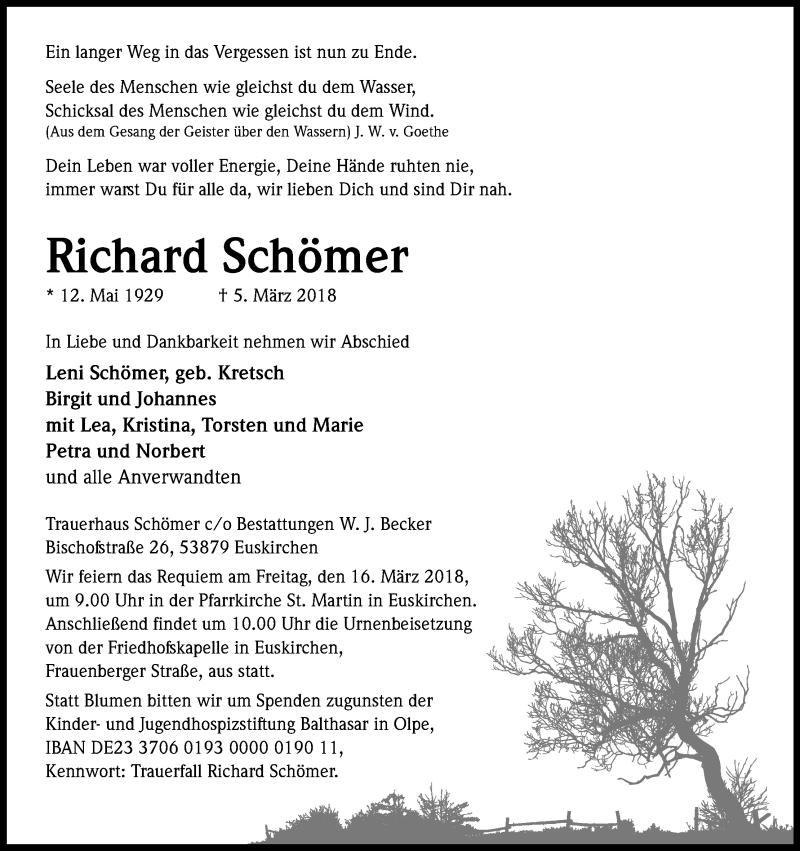  Traueranzeige für Richard Schömer vom 10.03.2018 aus Kölner Stadt-Anzeiger / Kölnische Rundschau / Express