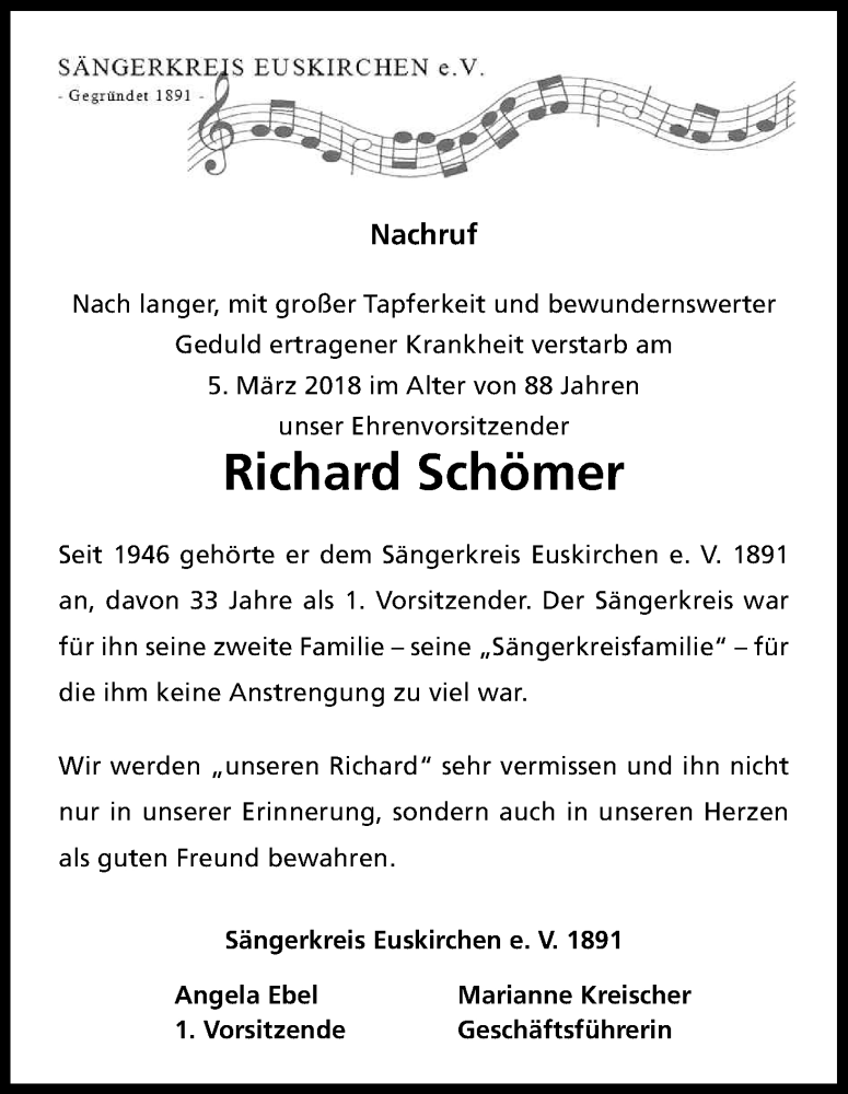  Traueranzeige für Richard Schömer vom 10.03.2018 aus Kölner Stadt-Anzeiger / Kölnische Rundschau / Express
