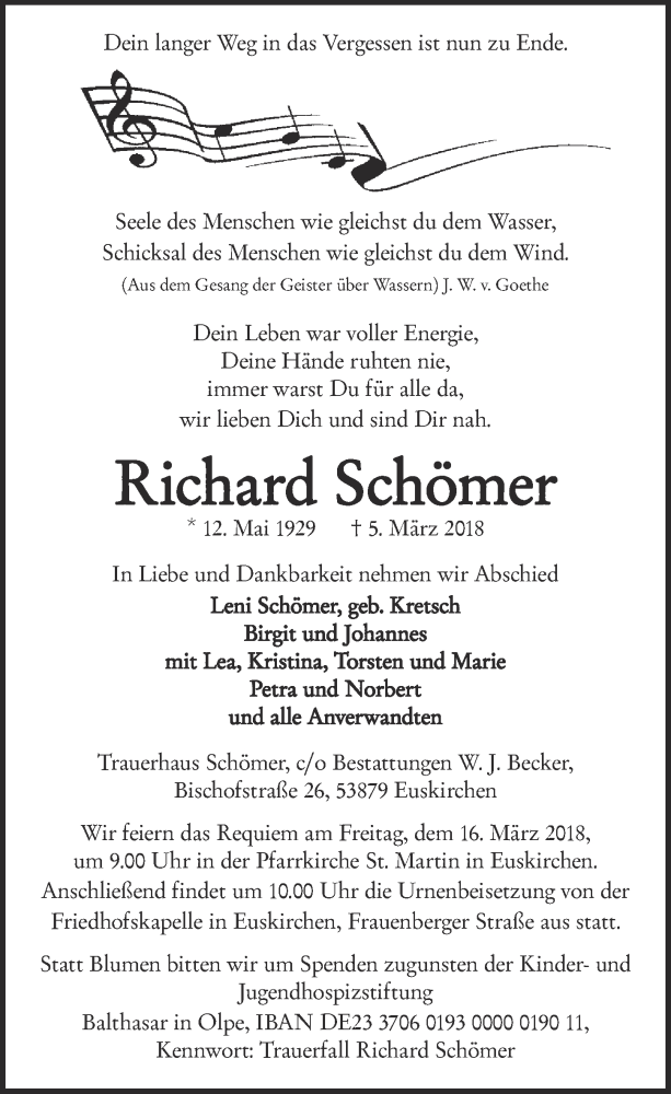  Traueranzeige für Richard Schömer vom 10.03.2018 aus  Blickpunkt Euskirchen 