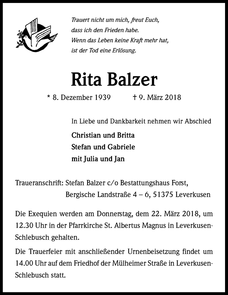  Traueranzeige für Rita Balzer vom 17.03.2018 aus Kölner Stadt-Anzeiger / Kölnische Rundschau / Express