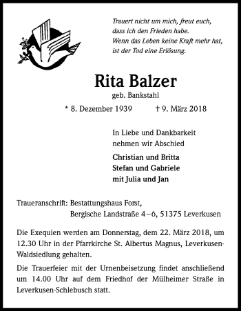 Anzeige von Rita Balzer von Kölner Stadt-Anzeiger / Kölnische Rundschau / Express