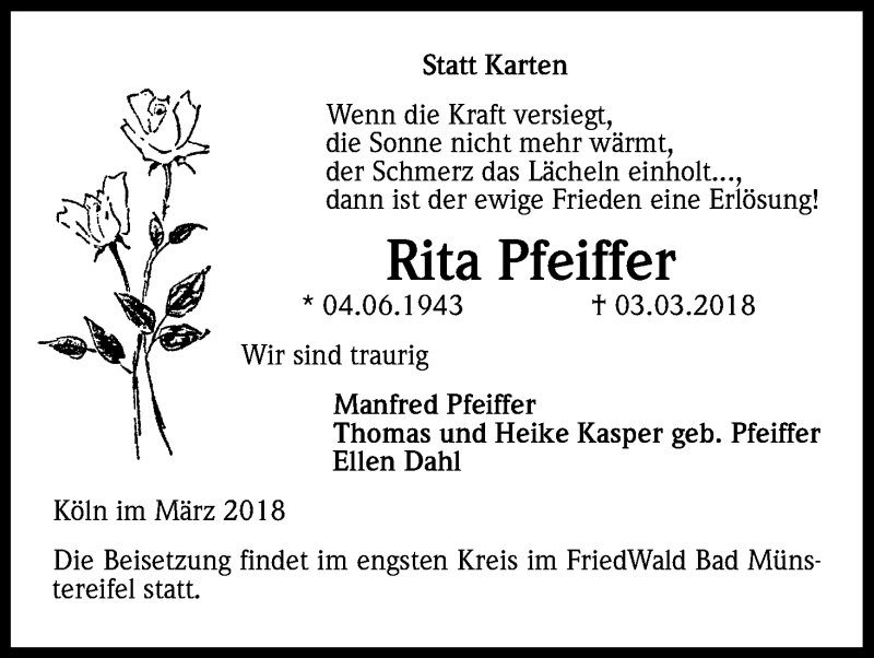  Traueranzeige für Rita Pfeiffer vom 20.03.2018 aus Kölner Stadt-Anzeiger / Kölnische Rundschau / Express