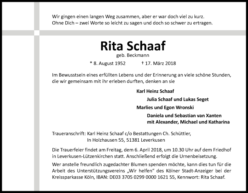 Traueranzeige für Rita Schaaf vom 31.03.2018 aus Kölner Stadt-Anzeiger / Kölnische Rundschau / Express