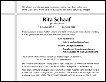 Anzeige von Rita Schaaf von Kölner Stadt-Anzeiger / Kölnische Rundschau / Express