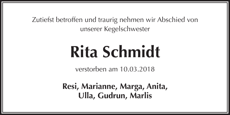  Traueranzeige für Rita Schmidt vom 21.03.2018 aus  Lokalanzeiger 