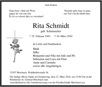Anzeige von Rita Schmidt von  Lokalanzeiger 