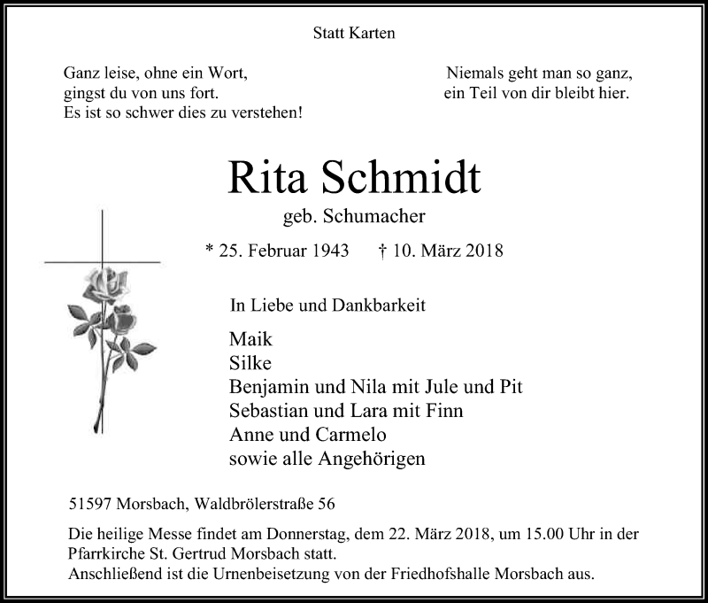  Traueranzeige für Rita Schmidt vom 14.03.2018 aus Kölner Stadt-Anzeiger / Kölnische Rundschau / Express