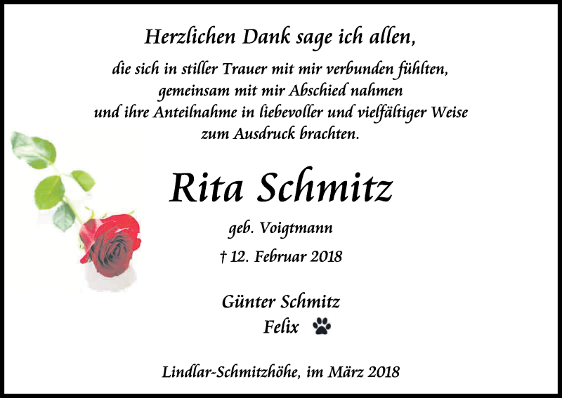  Traueranzeige für Rita Schmitz vom 17.03.2018 aus Kölner Stadt-Anzeiger / Kölnische Rundschau / Express