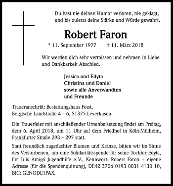Anzeige von Robert Faron von Kölner Stadt-Anzeiger / Kölnische Rundschau / Express