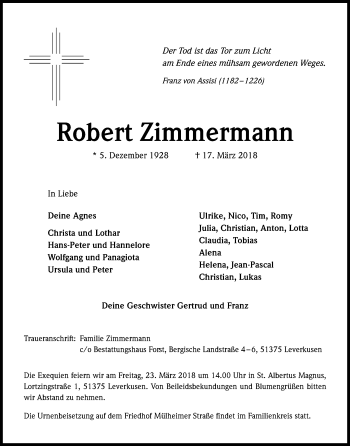 Anzeige von Robert Zimmermann von Kölner Stadt-Anzeiger / Kölnische Rundschau / Express