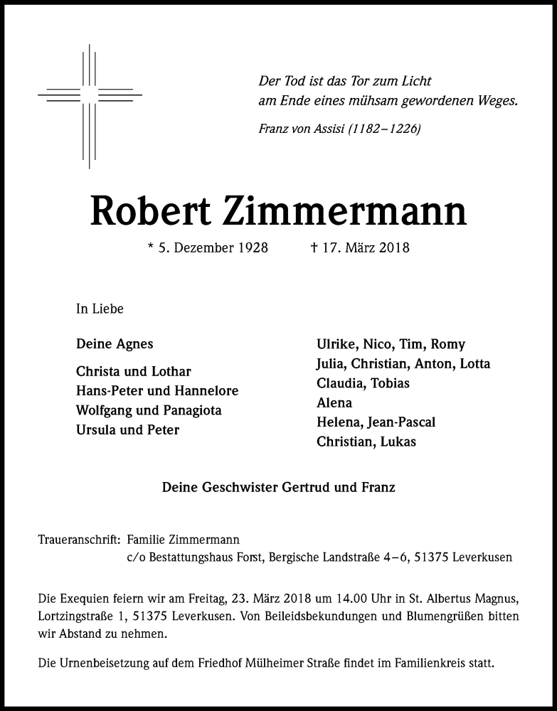  Traueranzeige für Robert Zimmermann vom 21.03.2018 aus Kölner Stadt-Anzeiger / Kölnische Rundschau / Express